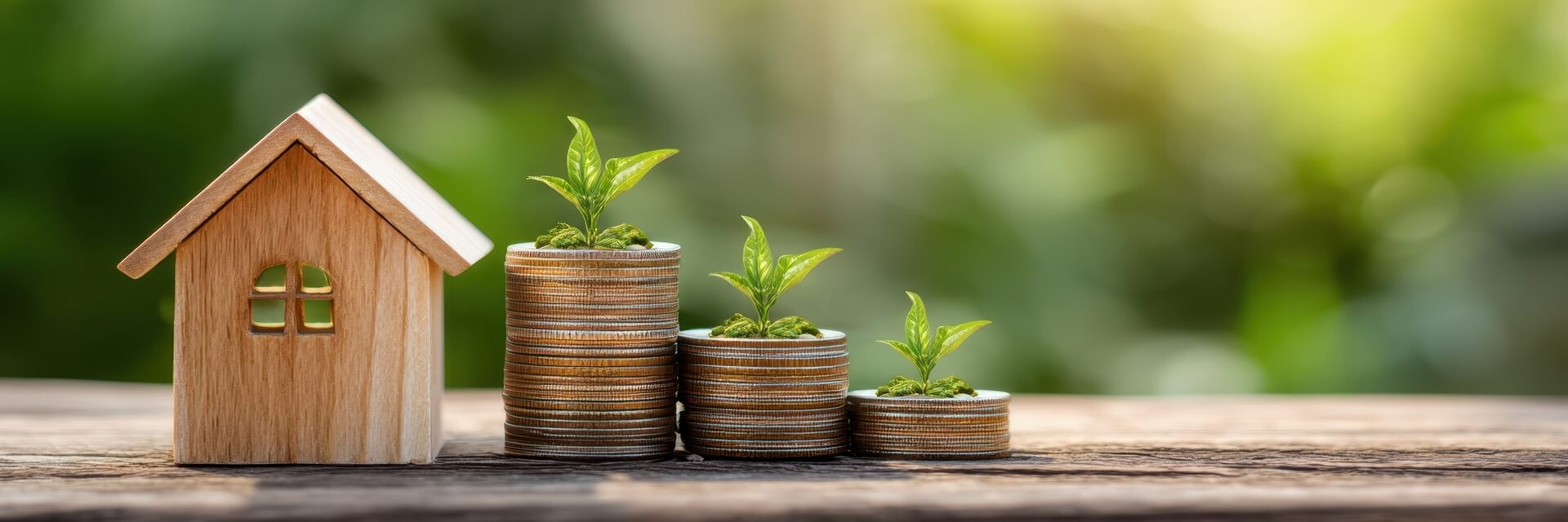 image of a wooden toy house next to three stacks of coins, each topped with a small green plant, on a wooden surface with a blurred green background