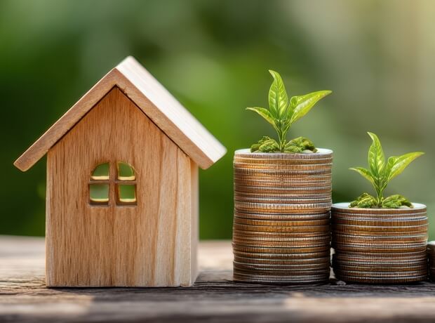 image of a wooden toy house next to three stacks of coins, each topped with a small green plant, on a wooden surface with a blurred green background