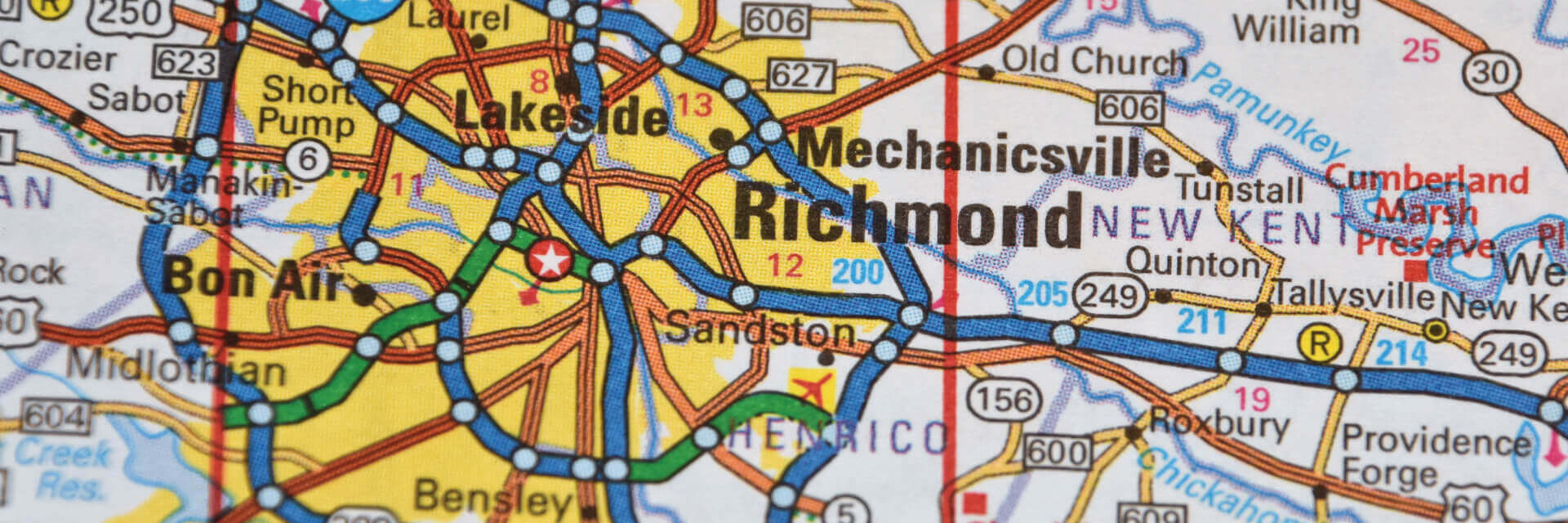 an image of a paper map, featuring Richmond Virginia, and some of the area around it
