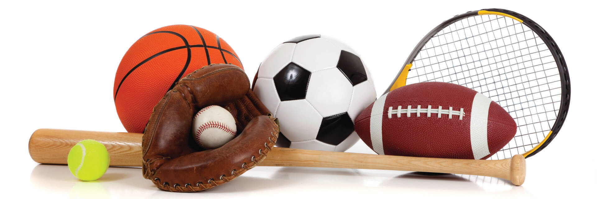 an image of various sports equipment, on a white background, including a tennis ball, a basketball, a football, soccer ball, a catcher's mitt, a baseball bat, and a tennis racket