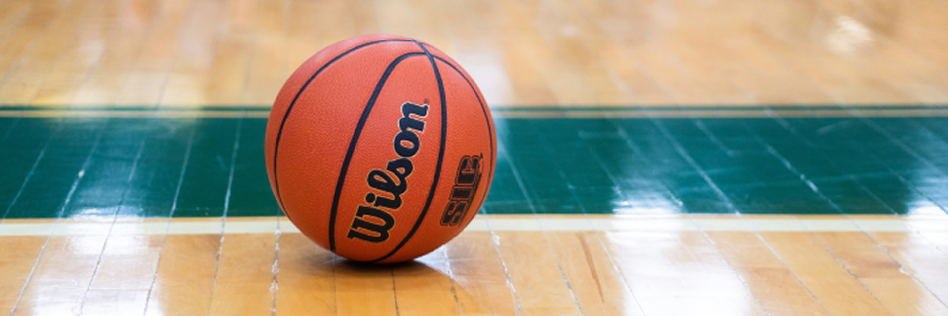 image of a A Wilson basketball sitting on a polished wooden court with a green out-of-bounds line