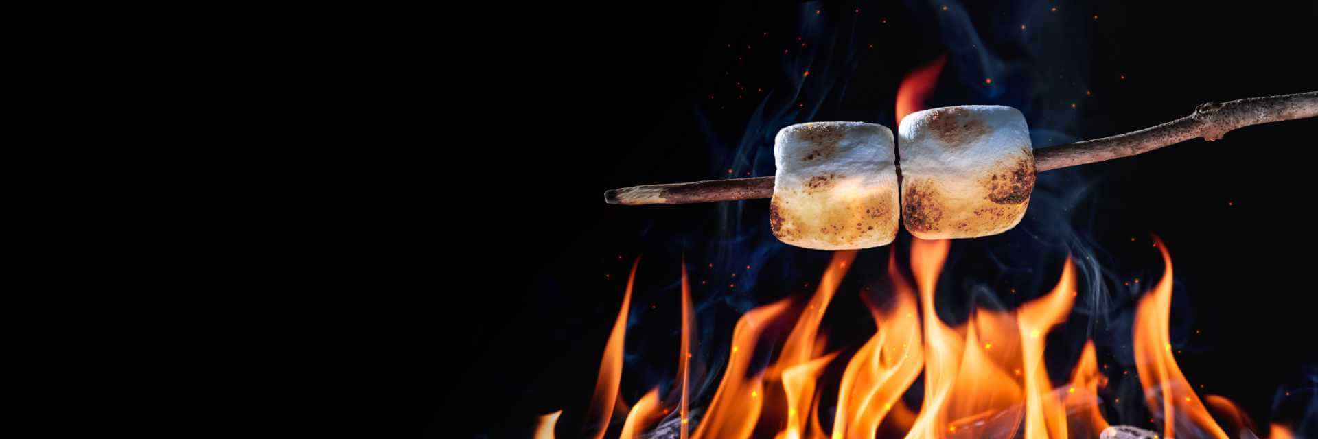 image of two toasted marshmallows on a stick held over a vibrant campfire with orange and yellow flames, set against a dark background with swirling smoke.