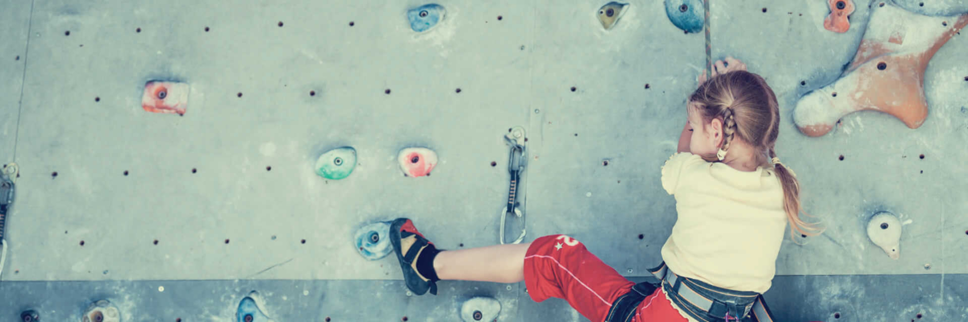 image of a young child with braided hair climbing an indoor rock wall, wearing a harness, red pants, and a light-colored shirt