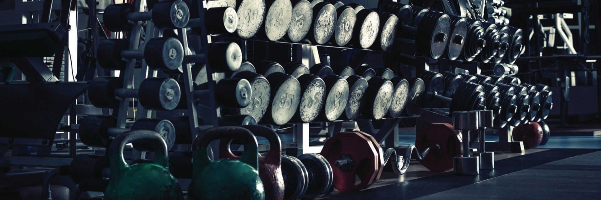 image of a gym weight rack holding various dumbbells labeled with weights like 35 and 18 pounds, with kettlebells and additional weights in the foreground