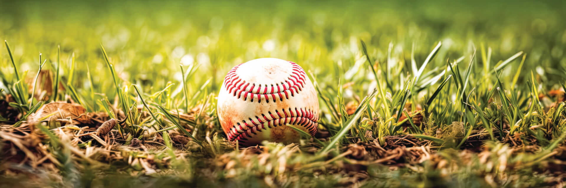 image of a worn baseball with red stitching resting on a patch of green grass