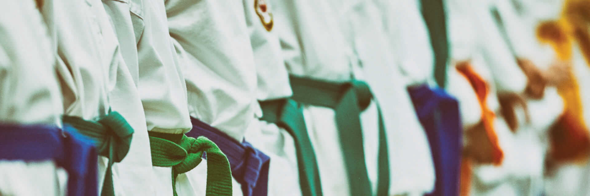 image of a group of martial arts students standing in a line, wearing white karate uniforms with colorful belts (green, blue, and orange) tied around their waists