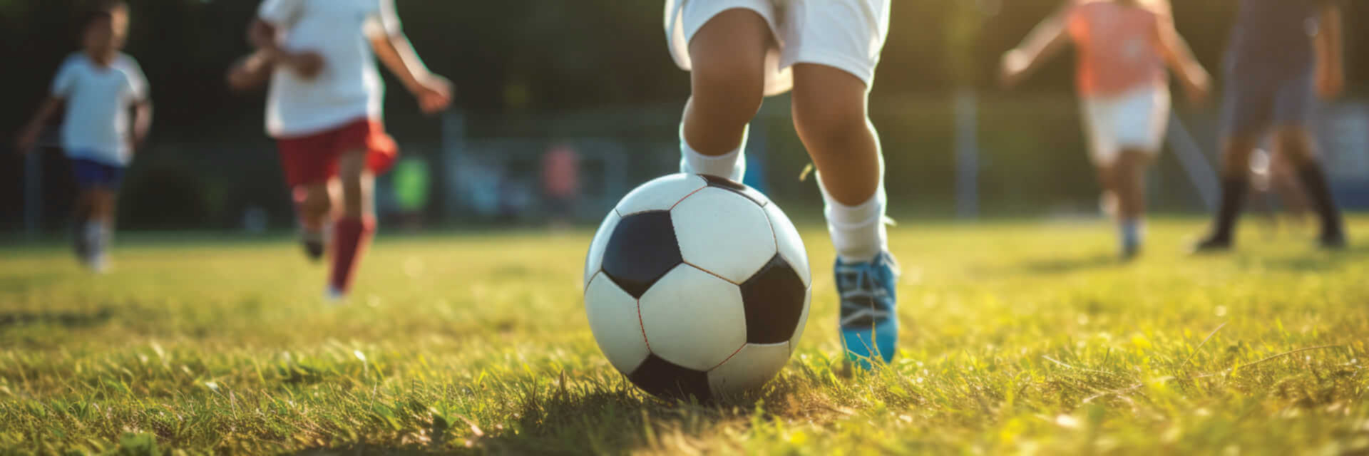image of a boy in a white soccer uniform and blue cleats kicking a black-and-white soccer ball on a grassy field