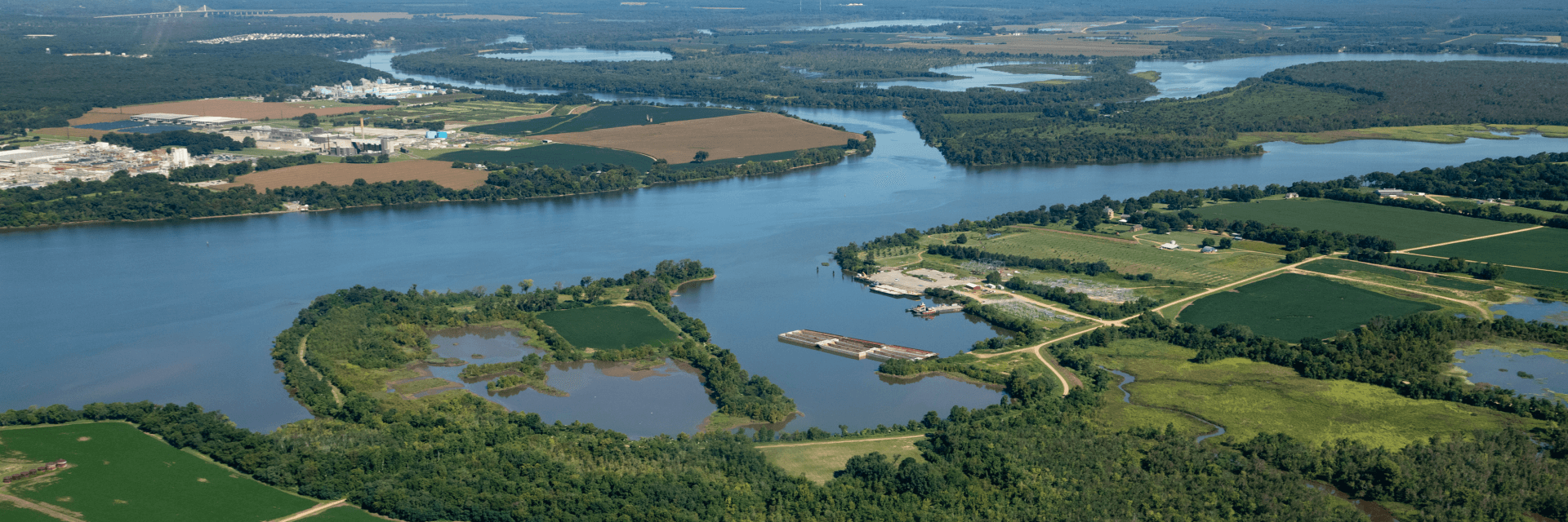 aerial image of the James river flowing near Shirley Plantation  in Charles City county VA