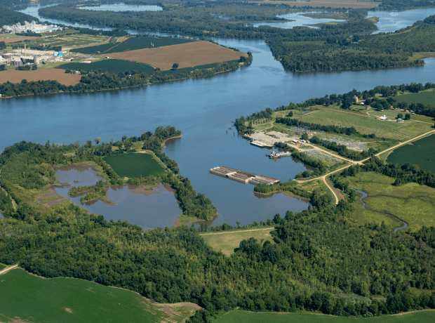 aerial image of the James river flowing near Shirley Plantation  in Charles City county VA