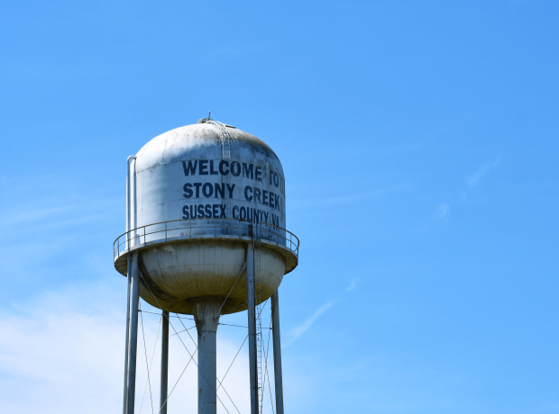 image of the stony creek water tower in sussex county virginia